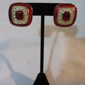 Vintage Red & Gold Tone Square Studs w/Rhinestones